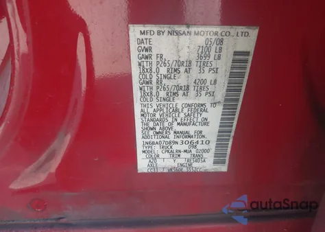 2009 Nissan Titan Xe z USA, uszkodzony, nr VIN 1N6BA07D89N306410